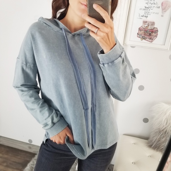 Fall Hoodie Jacket Smoke Blue Mineral Washed Hoodie Pullover Top - Picture 1 of 8